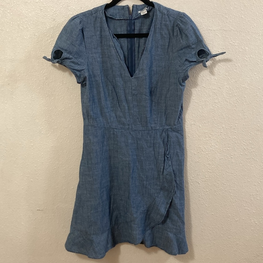 J. Crew Women’s Dress Faux-Wrap Blue Midi Demin A-Line V Neck Tie Sleeve Size 8 - Picture 2 of 16
